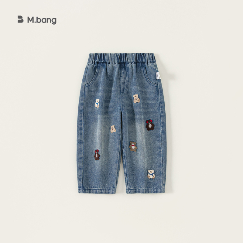 Pantaloni din denim cu căptușeală de fleece pentru fete; imprimeu desen animat; talie medie cu elastic; potriviți pentru primăvară și toamnă; pentru copii 3–8 ani