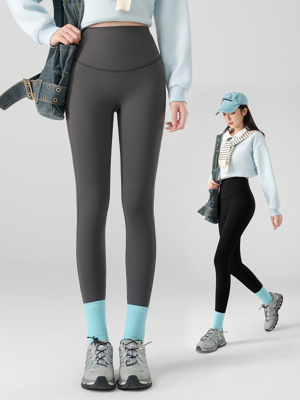 Pantaloni yoga cu căptușeală din fleece, talie înaltă, fără cusături, mulabili, lungime cropped, Sharkskin țesătură