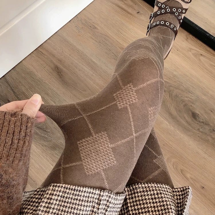 Rácsos mintás pamutkeverék harisnyanadrág lábfejjel, középméretű vastagság, rugalmas, karcsúsító hatás