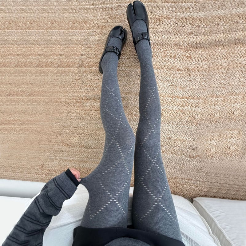 Rácsos mintás pamutkeverék harisnyanadrág lábfejjel, középméretű vastagság, rugalmas, karcsúsító hatás