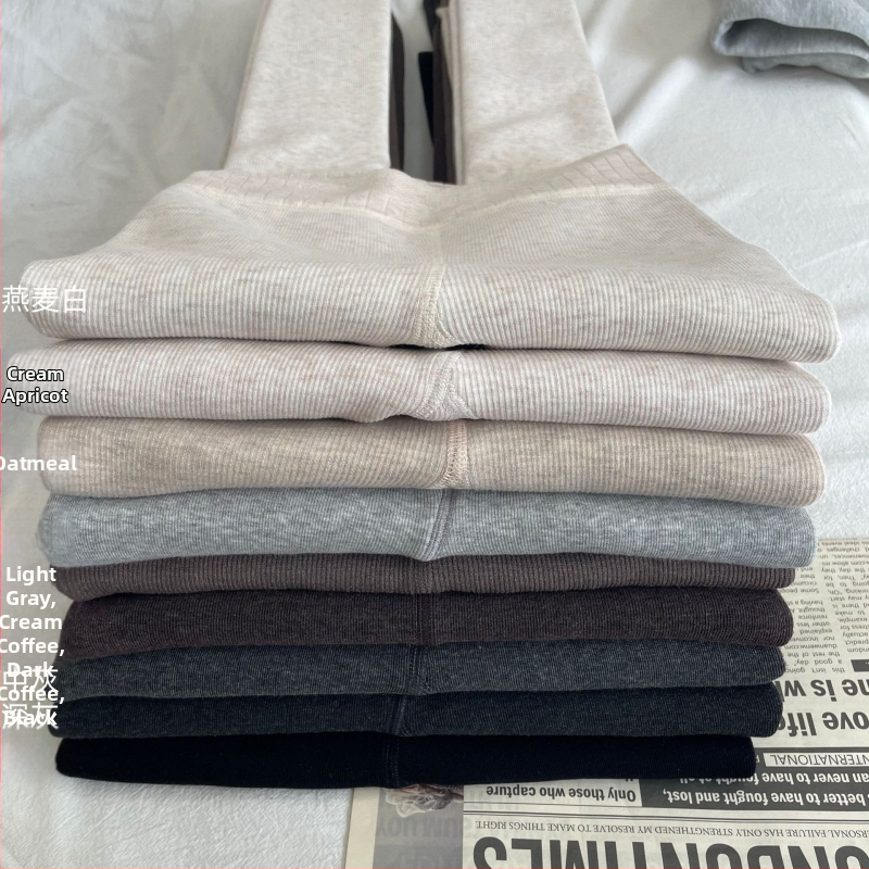 Debeli pamučni legging s visokim pojasom, ribasta tekstura i fleece podstava, vertikalne pruge, za jesen i zimu