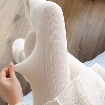 Pamukaste pančoke s kabelastim pletenjem i fleece podstavom za jesen zimu, japanski JK stil, uzorak pšenice, mliječno bijela, tanko