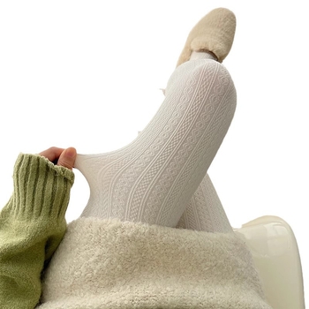 Pamukaste pančoke s kabelastim pletenjem i fleece podstavom za jesen zimu, japanski JK stil, uzorak pšenice, mliječno bijela, tanko