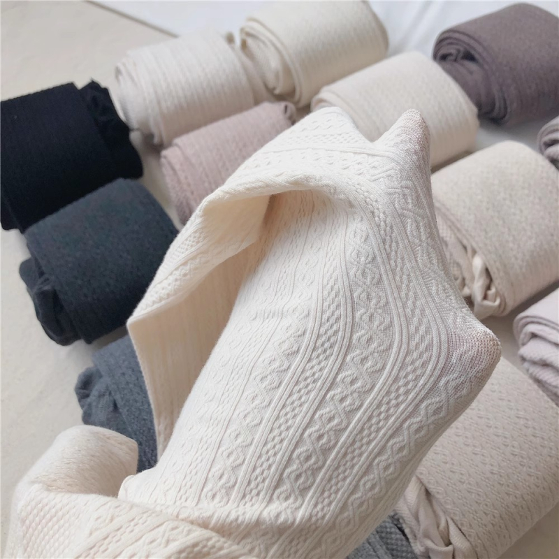 Pamukaste pančoke s kabelastim pletenjem i fleece podstavom za jesen zimu, japanski JK stil, uzorak pšenice, mliječno bijela, tanko