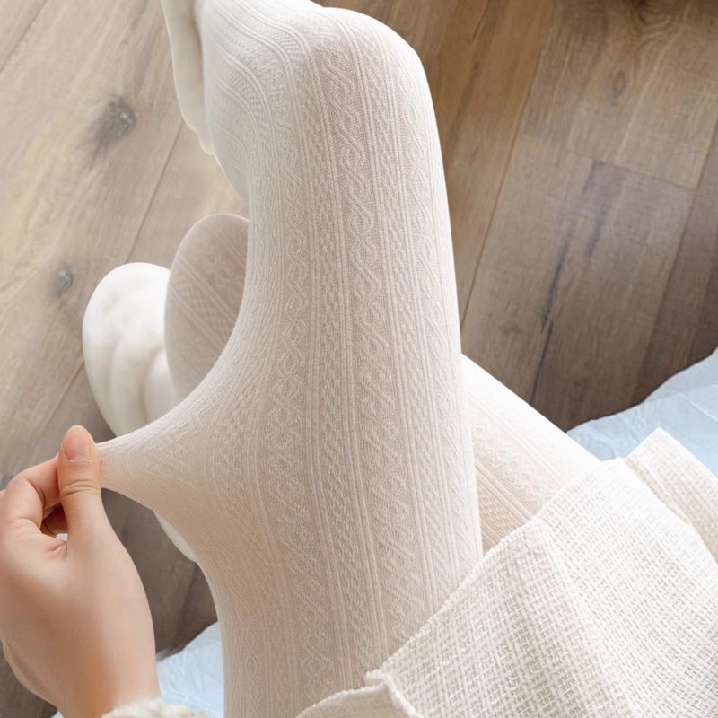 Pamukaste pančoke s kabelastim pletenjem i fleece podstavom za jesen zimu, japanski JK stil, uzorak pšenice, mliječno bijela, tanko