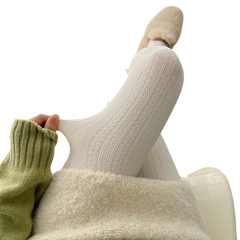 Pamukaste pančoke s kabelastim pletenjem i fleece podstavom za jesen zimu, japanski JK stil, uzorak pšenice, mliječno bijela, tanko