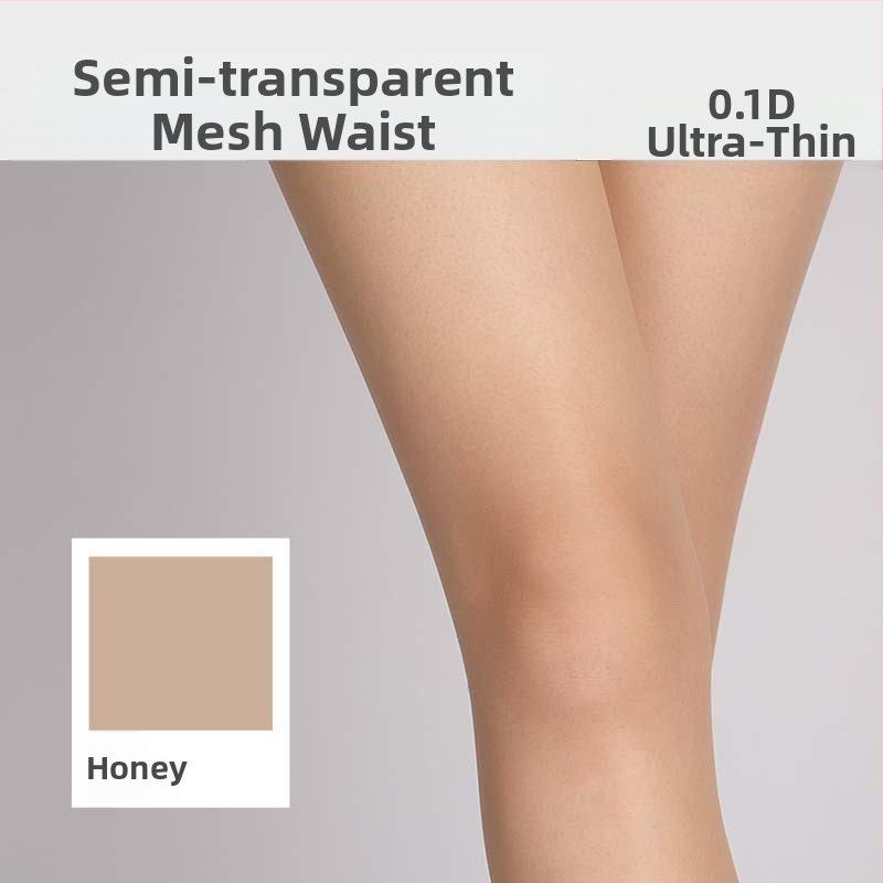 Bezšuvju pantyhose ar tīkla vidukli, 0.1D ultra-plānas, zīdaini gluds, mikroelastīgs, Chenille-Spandex maisījums, 3D raksts