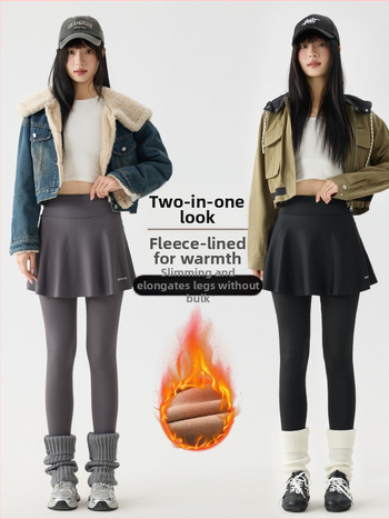 Sieviešu viengabala bikses ar svārku, viltots divdaļīgs dizains, fleece oderējums, neilons-elastāna maisījums, augsta elastība, bieza, ziemas 2025