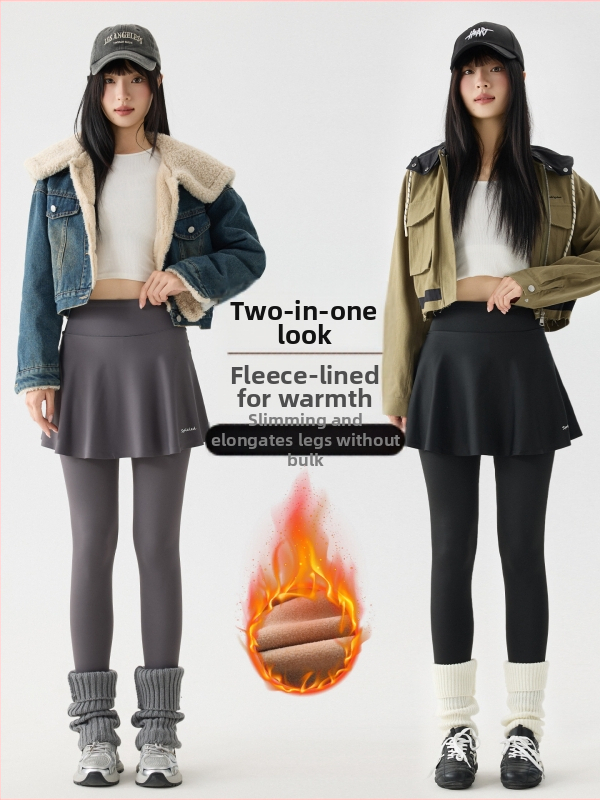 Sieviešu viengabala bikses ar svārku, viltots divdaļīgs dizains, fleece oderējums, neilons-elastāna maisījums, augsta elastība, bieza, ziemas 2025