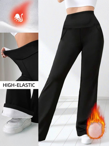 Sieviešu flīsa iekšējās bikses jogai, nedaudz platumā apakšā, augsts viduklis, gūžu pacēlājs, poliestera-elastāna maisījums, bieza un silta