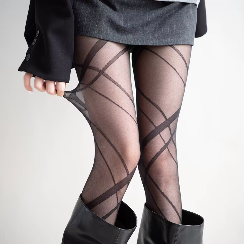 Zeķes ar kājām — Geometrisks Jacquards caurspīdīgs, neilons, plānas, veidošana un berzes pretestība