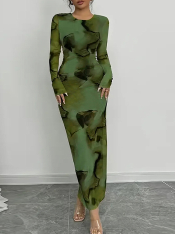 Nazada haljina s abstraktnim printom od mliječne svile, duga, okrugli vrat, dugi rukavi, elegantan uredski stil, poliester+spandex