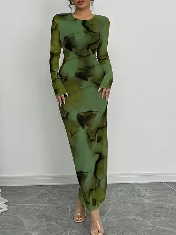 Nazada haljina s abstraktnim printom od mliječne svile, duga, okrugli vrat, dugi rukavi, elegantan uredski stil, poliester+spandex