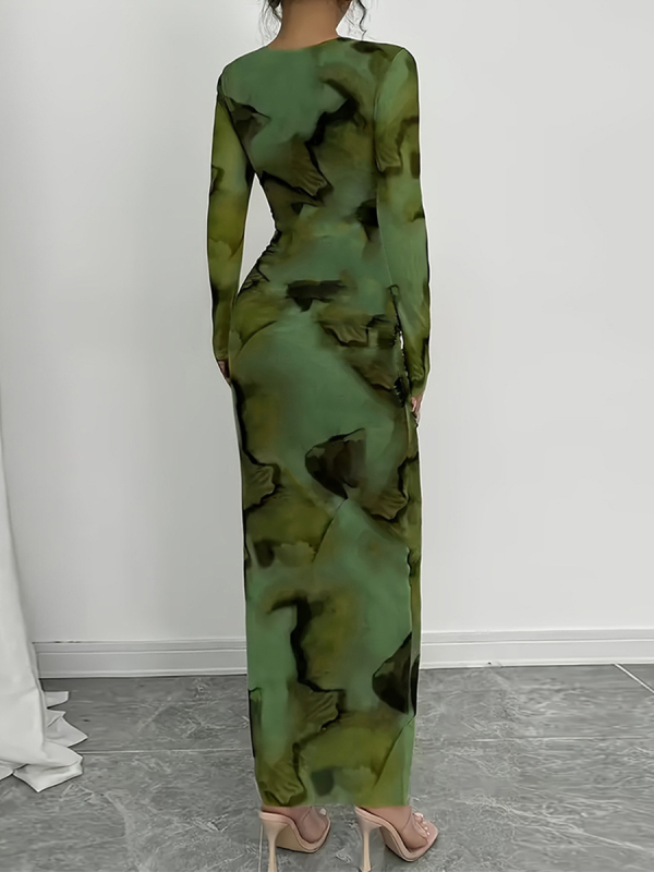 Nazada haljina s abstraktnim printom od mliječne svile, duga, okrugli vrat, dugi rukavi, elegantan uredski stil, poliester+spandex