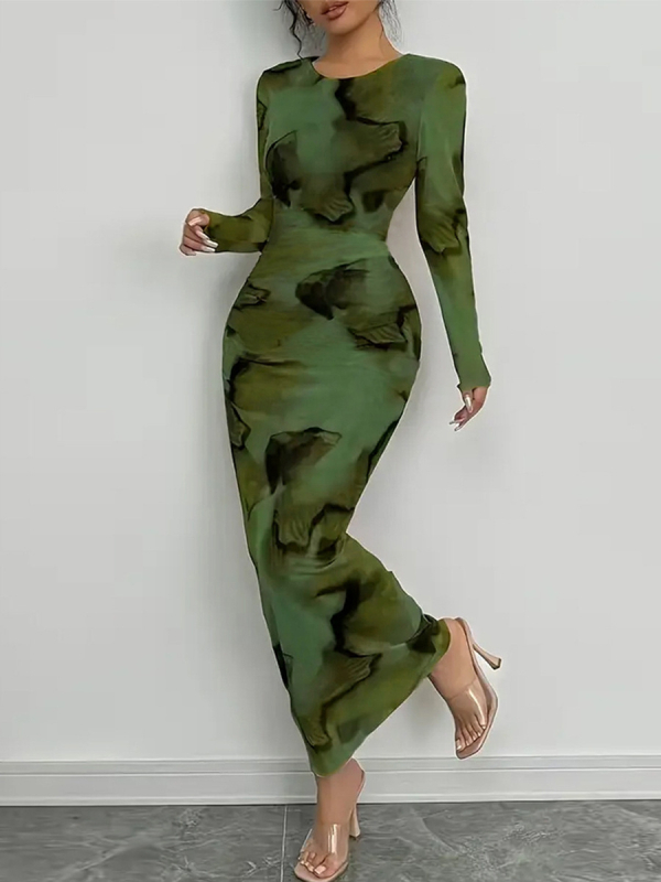 Nazada haljina s abstraktnim printom od mliječne svile, duga, okrugli vrat, dugi rukavi, elegantan uredski stil, poliester+spandex