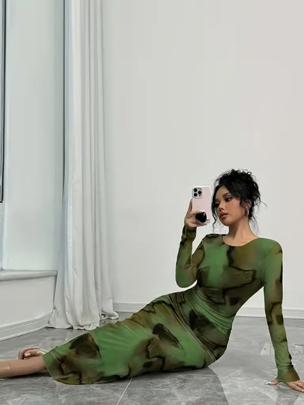 Nazada haljina s abstraktnim printom od mliječne svile, duga, okrugli vrat, dugi rukavi, elegantan uredski stil, poliester+spandex
