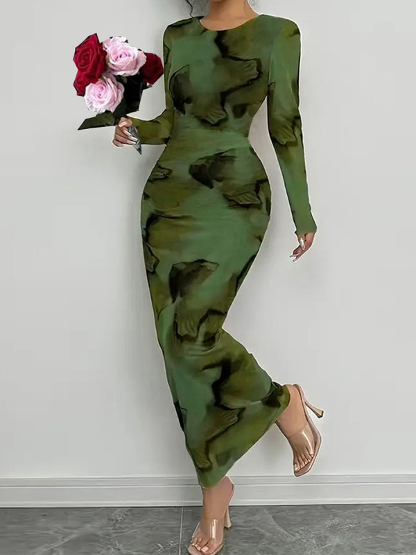 Nazada haljina s abstraktnim printom od mliječne svile, duga, okrugli vrat, dugi rukavi, elegantan uredski stil, poliester+spandex