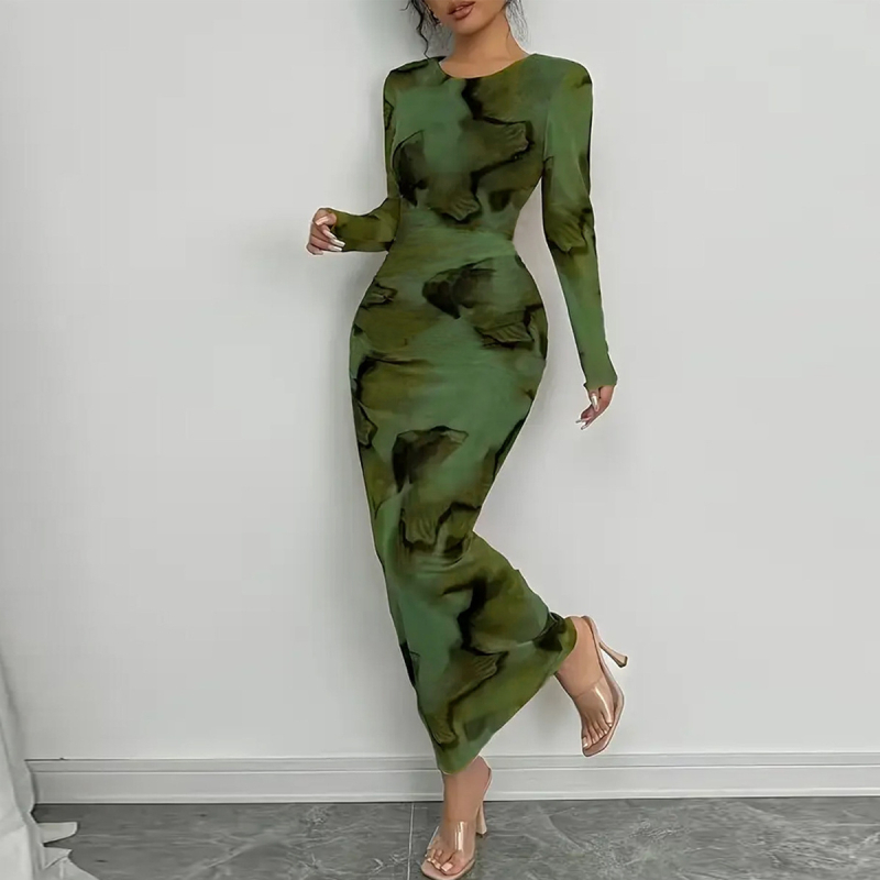Nazada haljina s abstraktnim printom od mliječne svile, duga, okrugli vrat, dugi rukavi, elegantan uredski stil, poliester+spandex