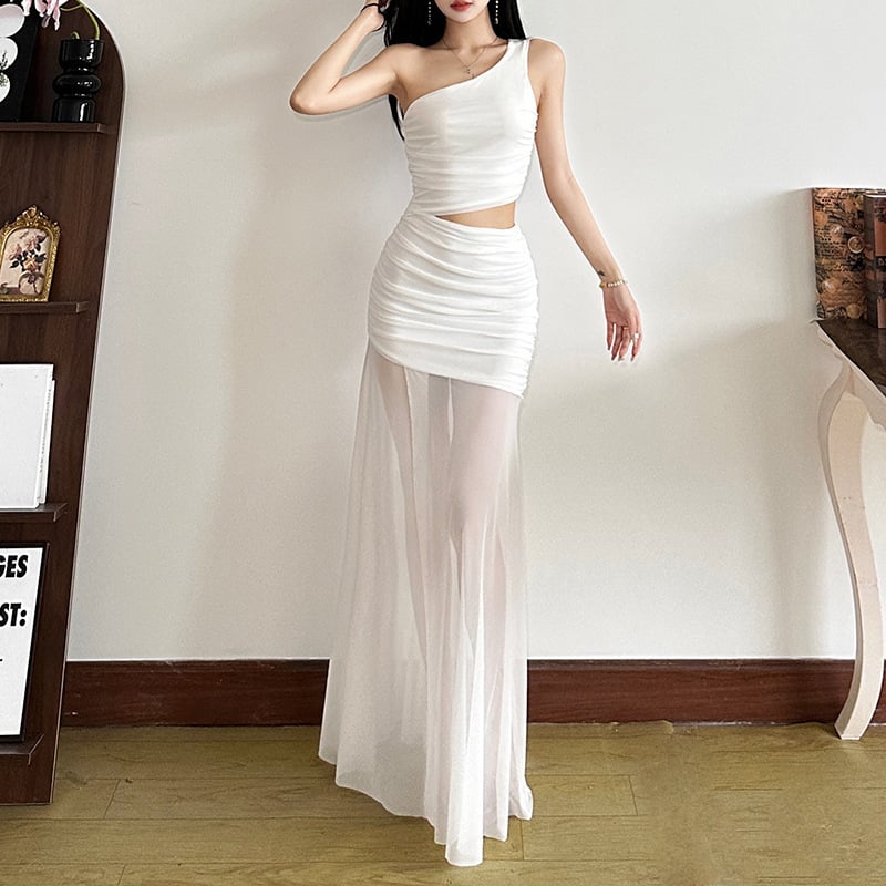 Rochie fără mâneci, cu un umăr, plasă transparentă, lungă, croială A, decolteu înclinat, poliester cu spandex