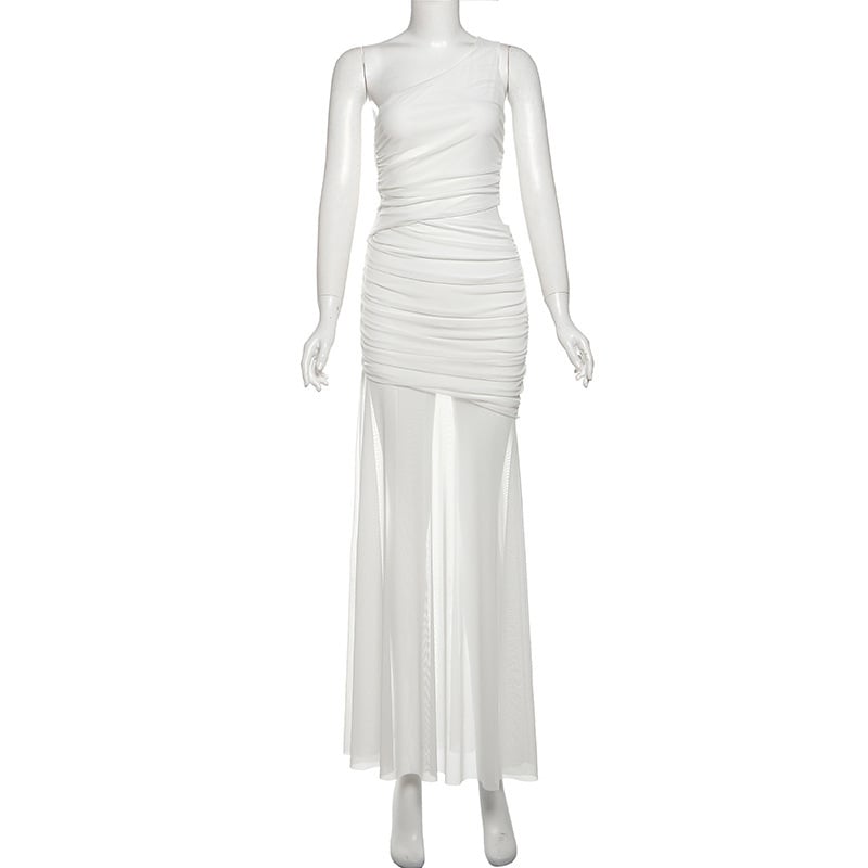 Rochie fără mâneci, cu un umăr, plasă transparentă, lungă, croială A, decolteu înclinat, poliester cu spandex