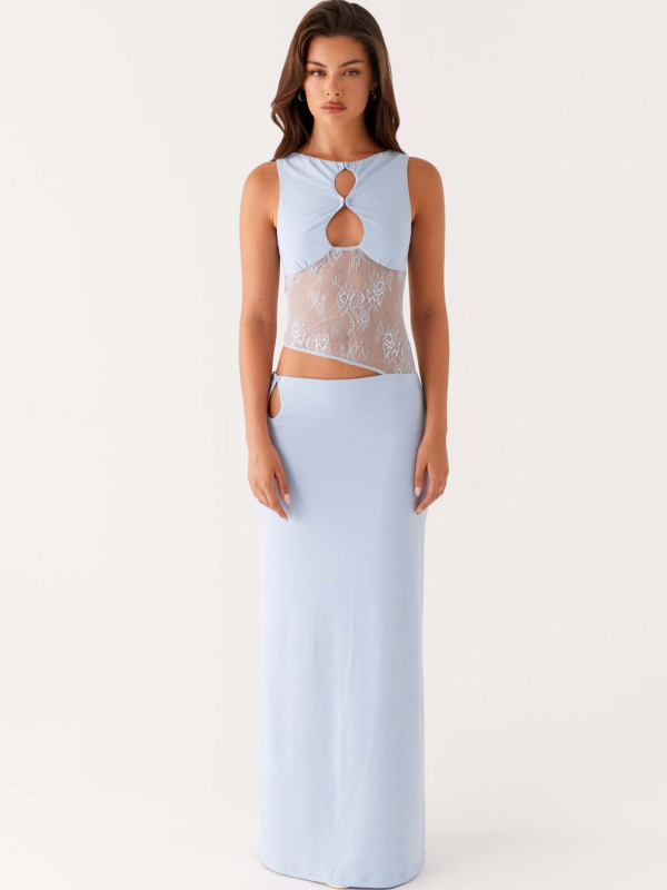 Rochie din poliester, decolteu rotund, fără mâneci, lungă, fustă neregulată