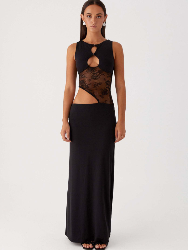 Rochie din poliester, decolteu rotund, fără mâneci, lungă, fustă neregulată