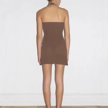 Rochie fără mâneci cu halter, din amestec de bumbac solid, croială A-line, dintr-o bucată