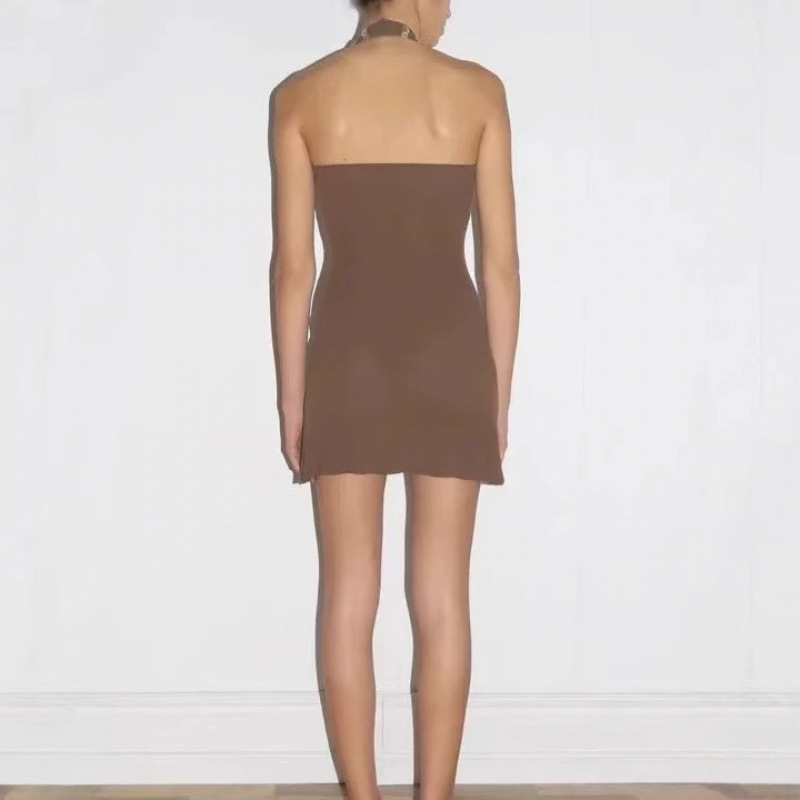 Rochie fără mâneci cu halter, din amestec de bumbac solid, croială A-line, dintr-o bucată