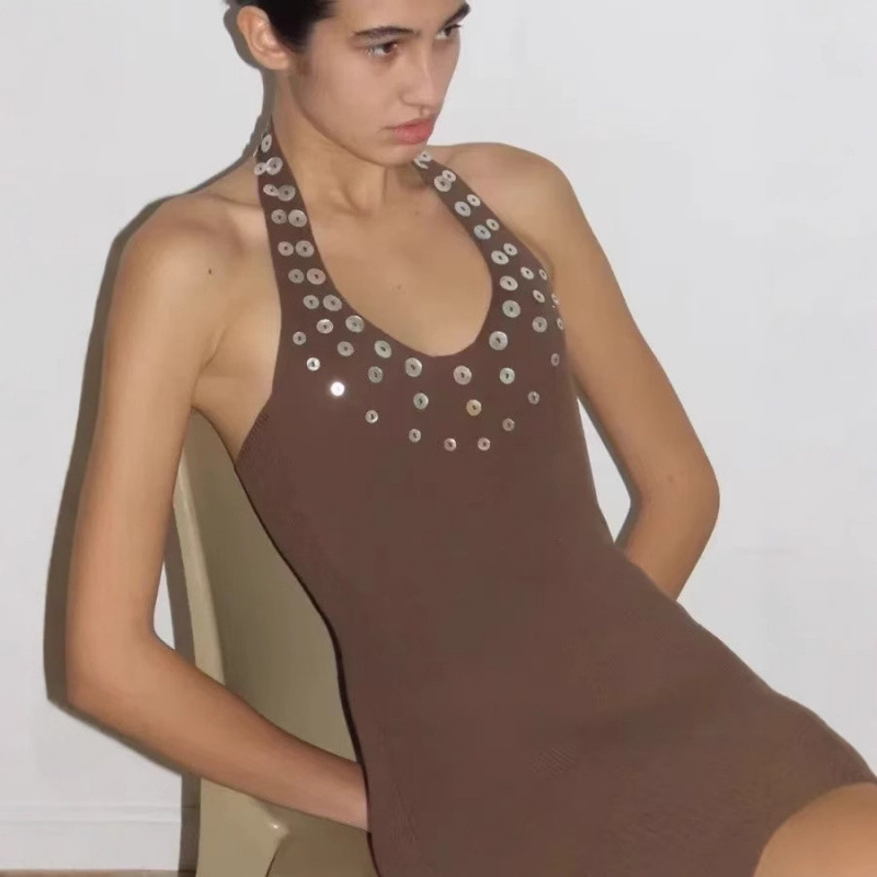 Rochie fără mâneci cu halter, din amestec de bumbac solid, croială A-line, dintr-o bucată