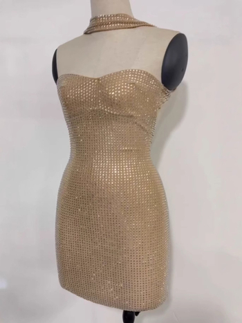 Rochie din plasă cu decolteu halter, fără mâneci, croială mulată, lungime scurtă, stil urban