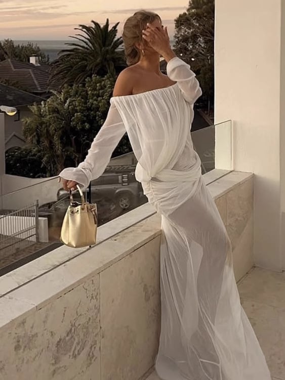 Rochie cu umăr, plasă mesh, mâneci lungi, lungă, poliester cu spandex <30%