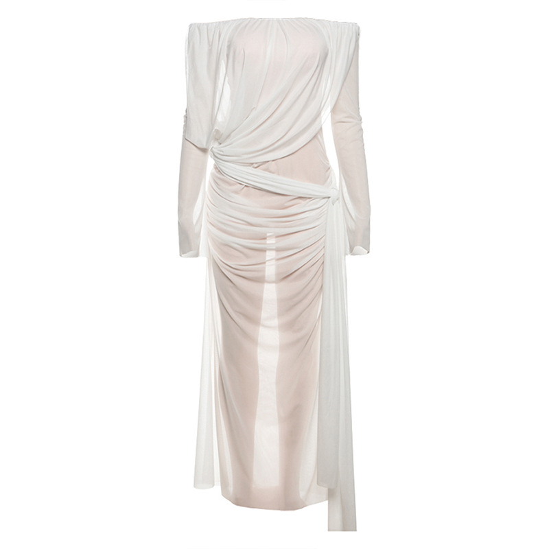 Rochie cu umăr, plasă mesh, mâneci lungi, lungă, poliester cu spandex <30%