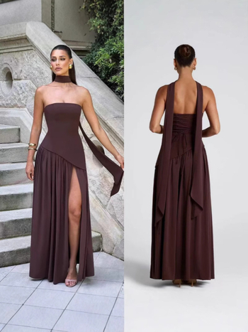 Rochie cu blocuri de culori, fără bretele, lungă, poliester, vară 2025