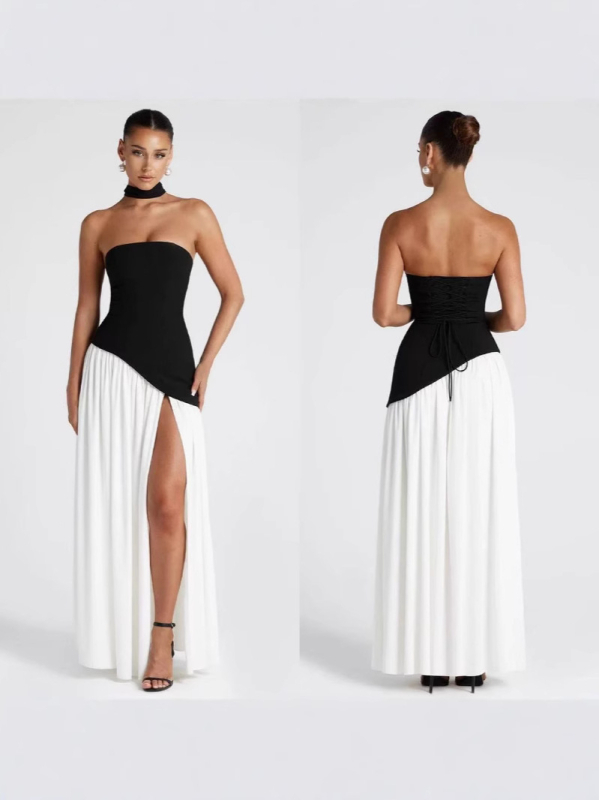 Rochie cu blocuri de culori, fără bretele, lungă, poliester, vară 2025