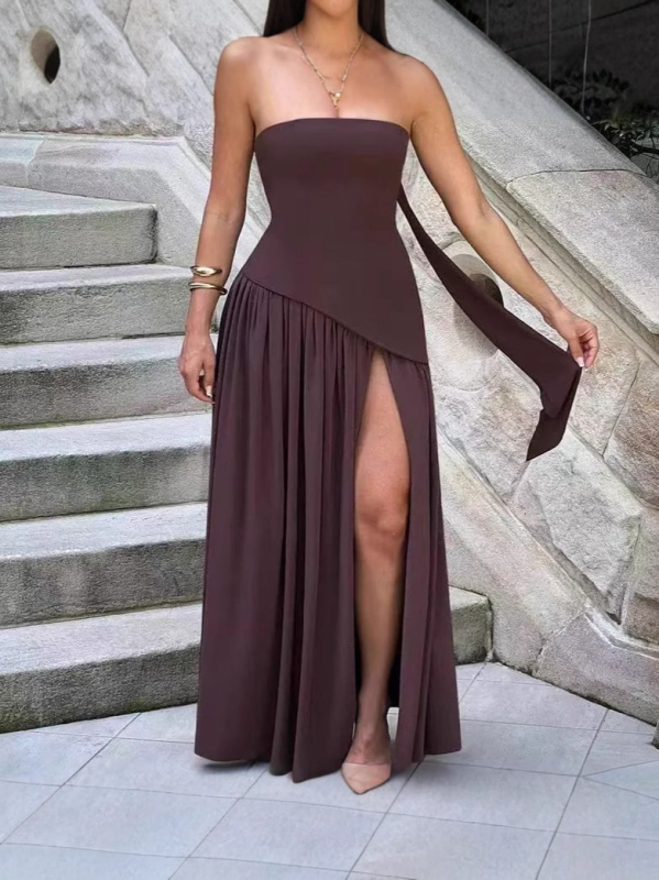 Rochie cu blocuri de culori, fără bretele, lungă, poliester, vară 2025