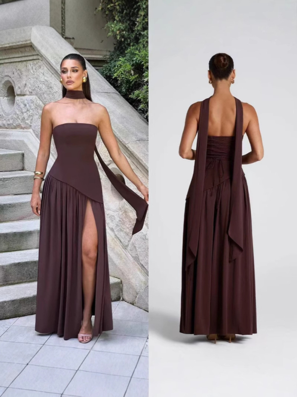 Rochie cu blocuri de culori, fără bretele, lungă, poliester, vară 2025