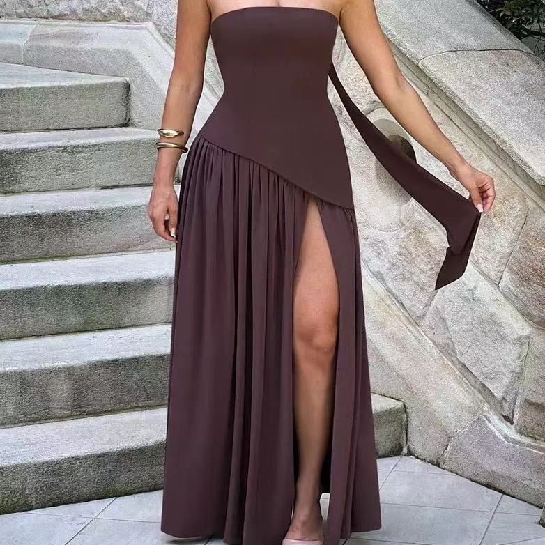 Rochie cu blocuri de culori, fără bretele, lungă, poliester, vară 2025