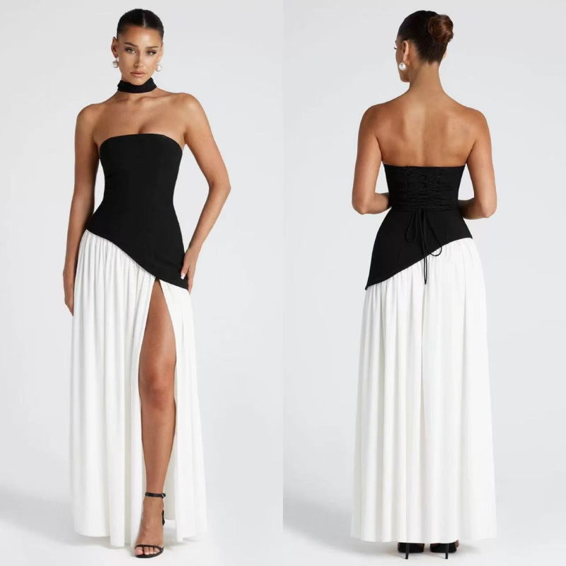 Rochie cu blocuri de culori, fără bretele, lungă, poliester, vară 2025