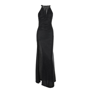 Hosszú nyakpántos ruha hát nélküli kivágással, plisírozott, aszimmetrikus, utcai stílusban.