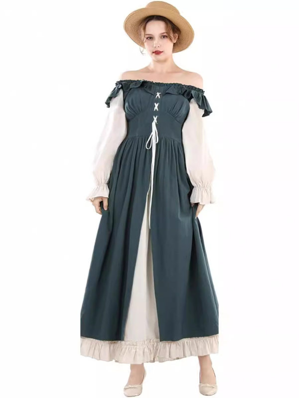 Rochie feminină în stil Renaștere, cu mâneci lungi, design de zână medievală; țesătură poliester; țesătură principală: bumbac 50–70% conținut; listare primăvară 2024