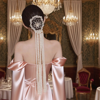 Accesoriu pentru păr Ll-1644 cu perle artificiale, benzi împletite și ciucuri, tricotaj manual, pentru coafură de mireasă