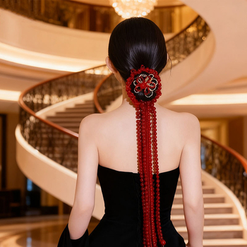 Accesoriu pentru păr Ll-1644 cu perle artificiale, benzi împletite și ciucuri, tricotaj manual, pentru coafură de mireasă