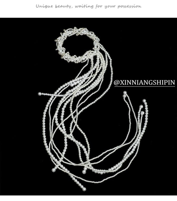 Accesoriu pentru păr Ll-1644 cu perle artificiale, benzi împletite și ciucuri, tricotaj manual, pentru coafură de mireasă