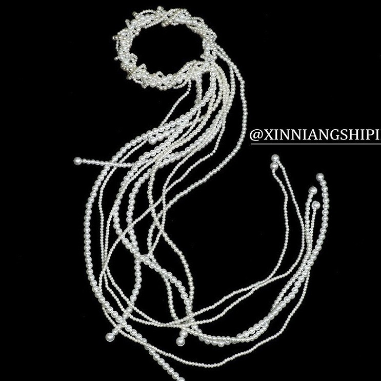 Accesoriu pentru păr Ll-1644 cu perle artificiale, benzi împletite și ciucuri, tricotaj manual, pentru coafură de mireasă