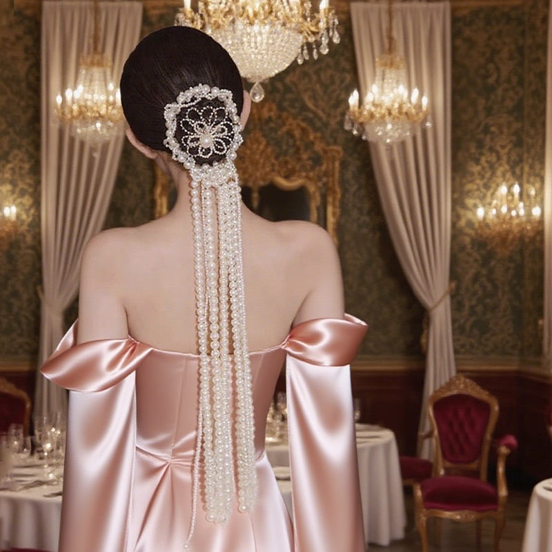 Accesoriu pentru păr Ll-1644 cu perle artificiale, benzi împletite și ciucuri, tricotaj manual, pentru coafură de mireasă