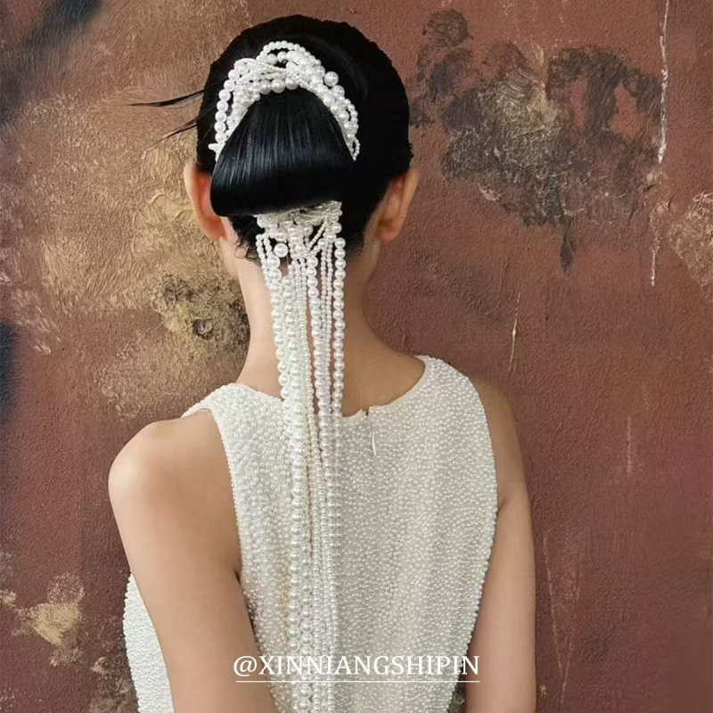 Accesoriu pentru păr Ll-1644 cu perle artificiale, benzi împletite și ciucuri, tricotaj manual, pentru coafură de mireasă