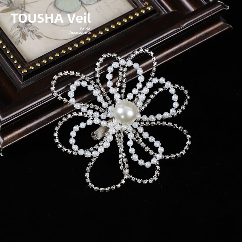 Accesoriu pentru păr Ll-1644 cu perle artificiale, benzi împletite și ciucuri, tricotaj manual, pentru coafură de mireasă