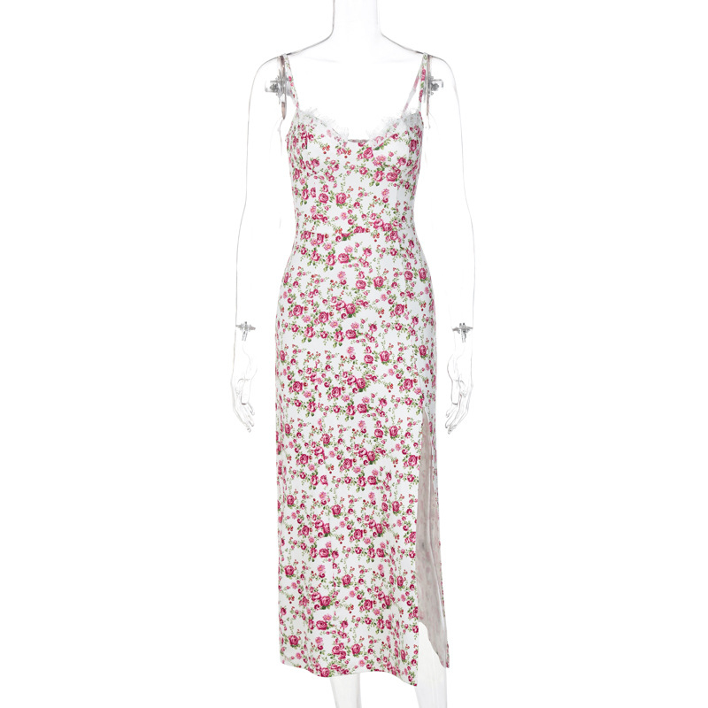 Haljina s floralnim printom, trakama, bez rukava, midi duljine, A-linijski kroj, milk silk tkanina