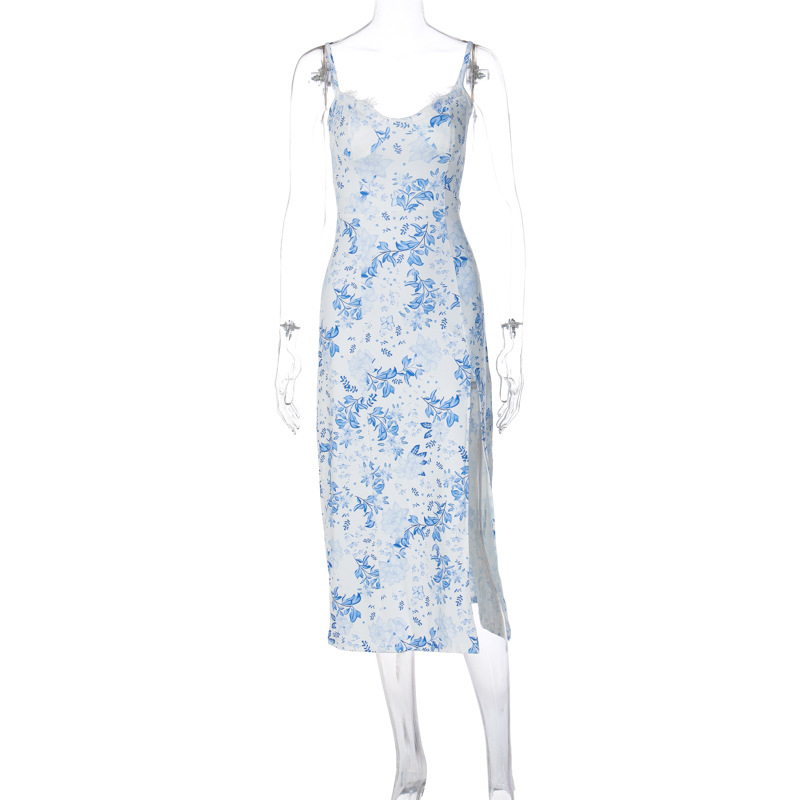 Haljina s floralnim printom, trakama, bez rukava, midi duljine, A-linijski kroj, milk silk tkanina