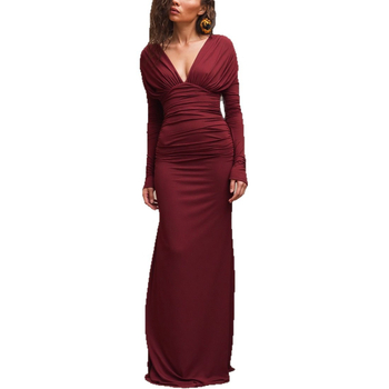 Šaty s V výstrihom, vysokým pásom, plisované, dlhé rukávy; materiál: polyester/spandex zmes